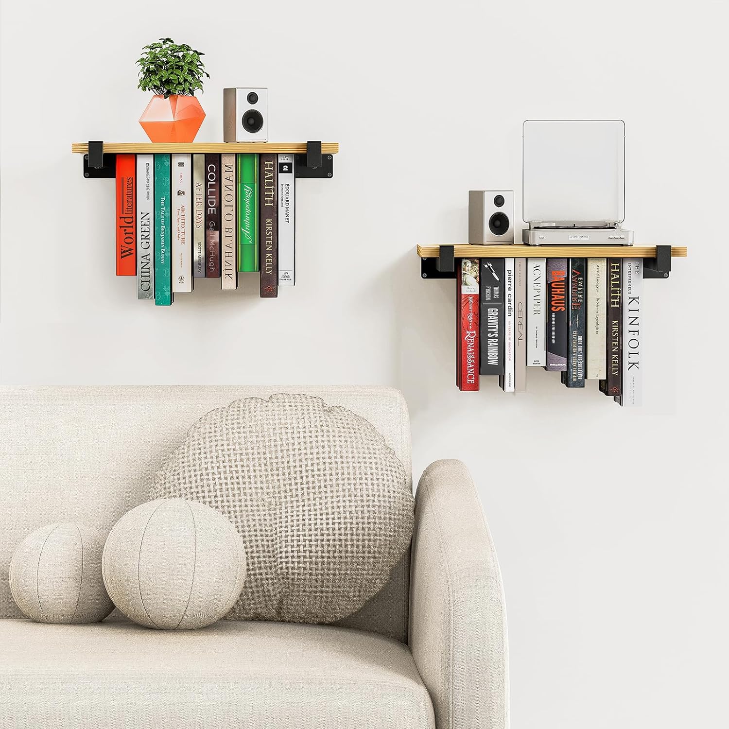 2 Set Floating Bookshelf Pine Wood Wall Bookcase Space Saving Hanging Bookshelves