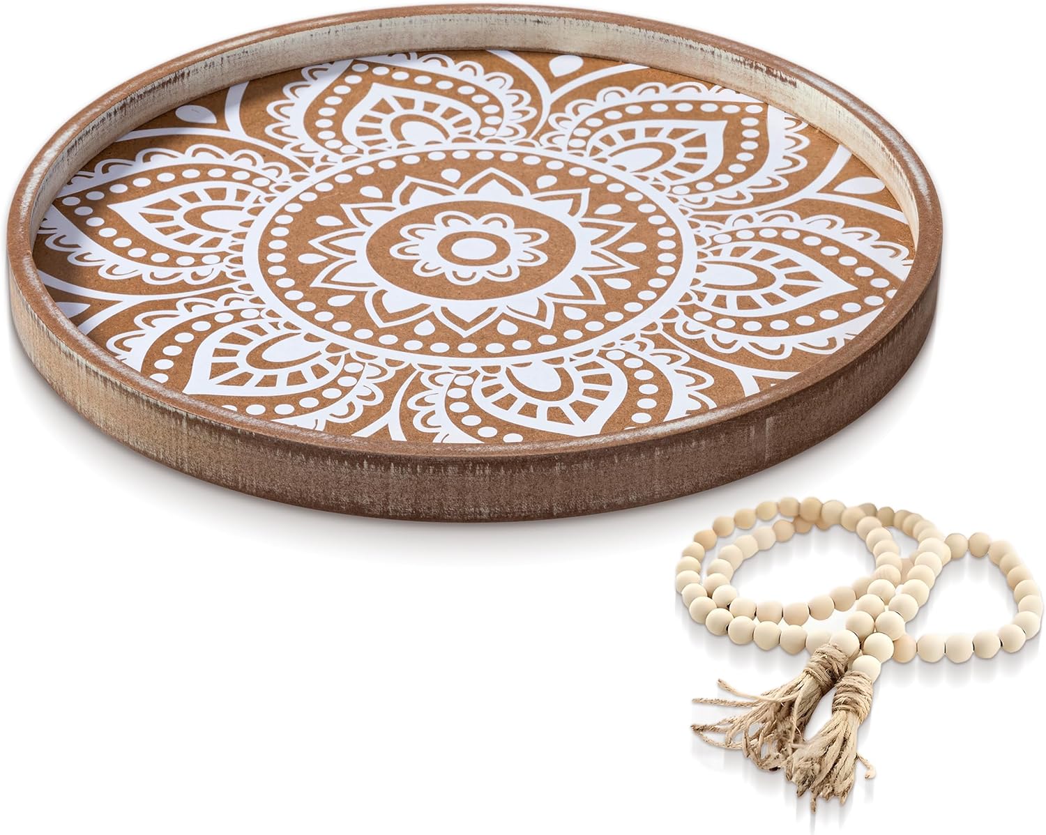 13 Inch Round Decorative Tray with Wooden Beads Garland