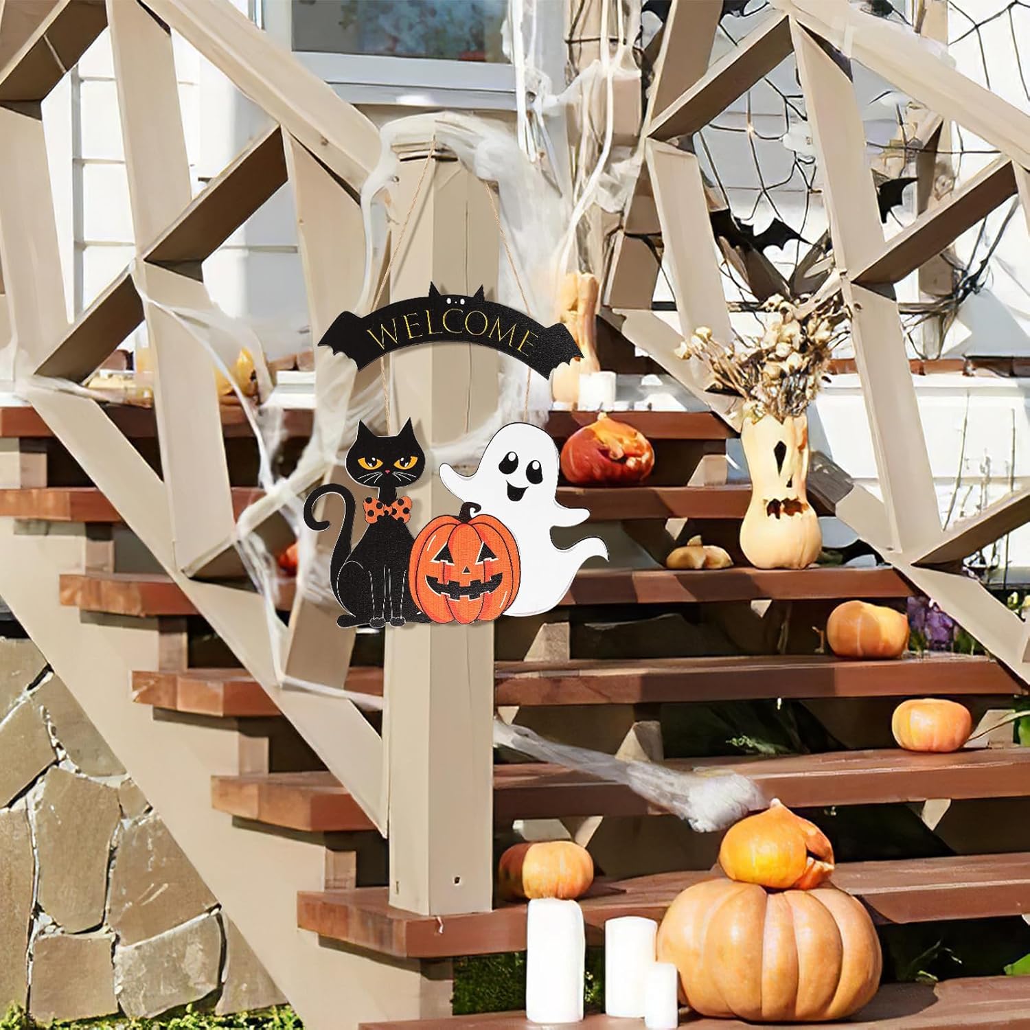 Halloween Wooden Ghost Door Wreath Welcome Sign