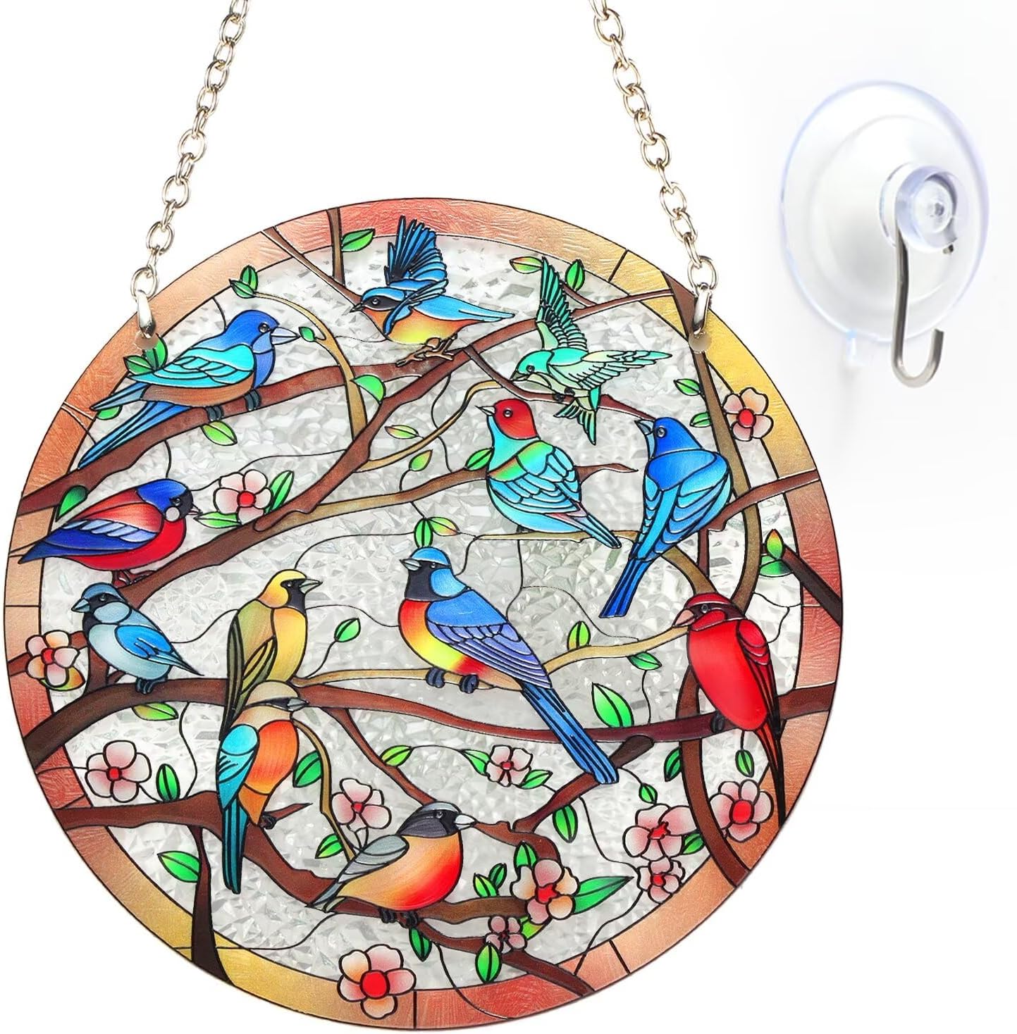 Stained Glass Window Hanging Suncatcher 6 Inch Birds on Branch