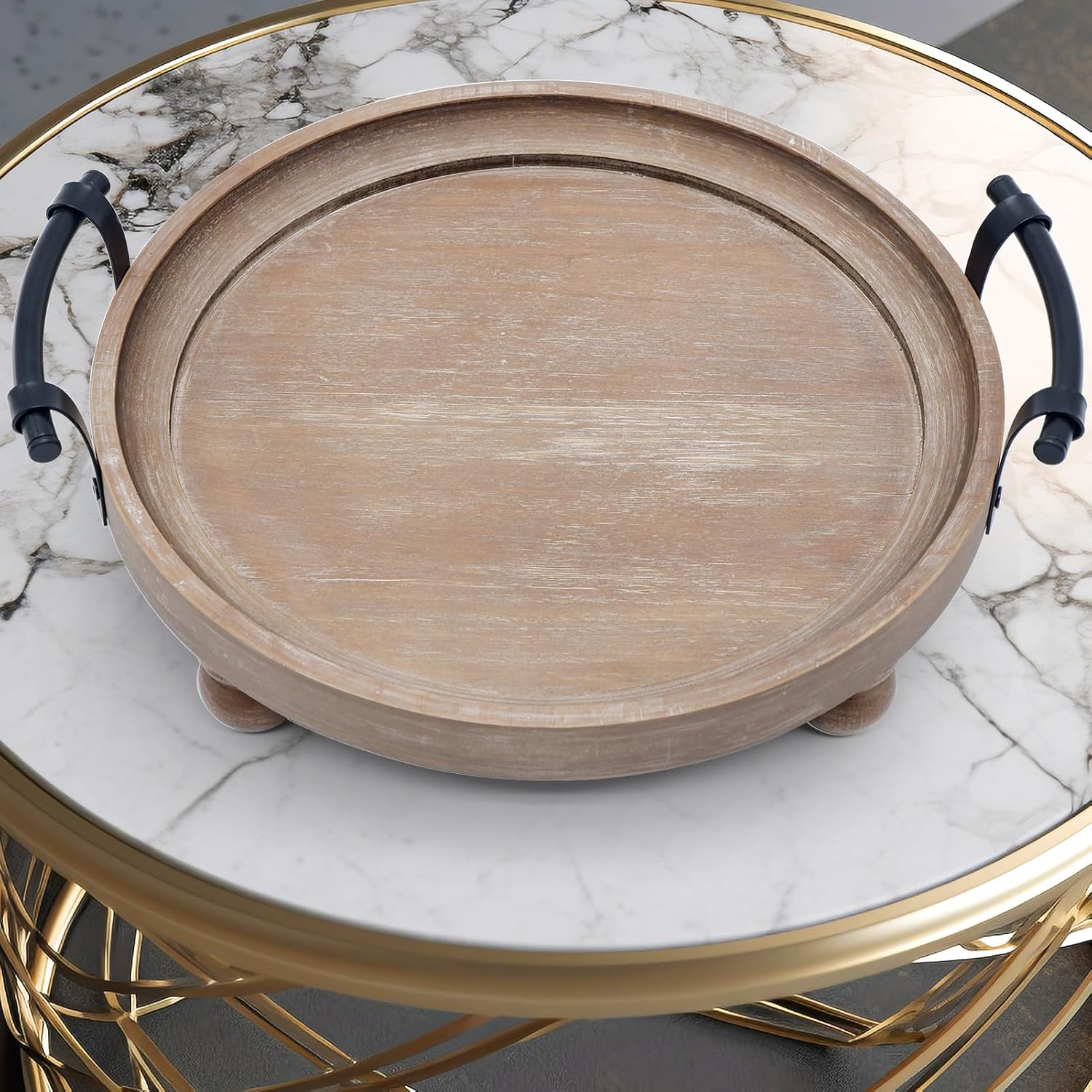 TOOLTENG Round Wooden Serving Tray with Handles