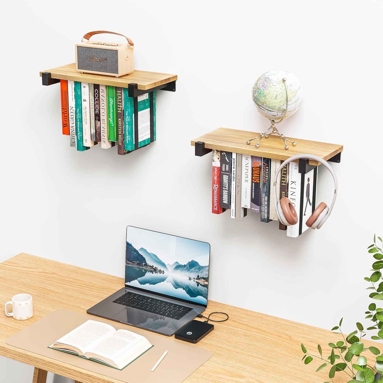2 Set Floating Bookshelf Pine Wood Wall Bookcase Space Saving Hanging Bookshelves