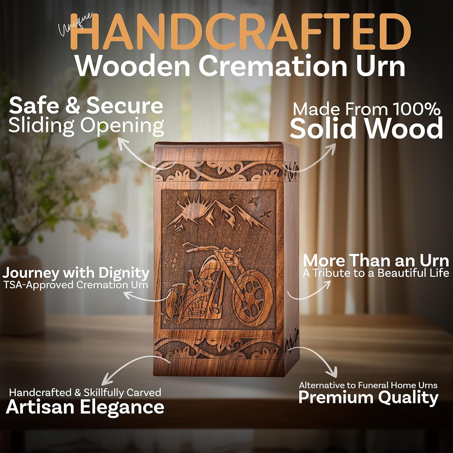 Handcarved Wooden Cremation Urn - Motorcycle Design 640lbs Capacity