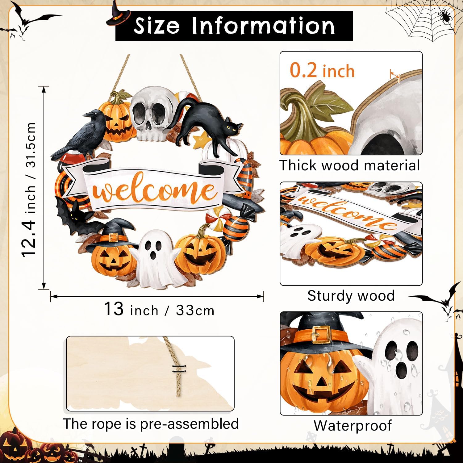 Halloween Wood Wreath with Ghost Black Cat Pumpkin Skull Welcome Sign
