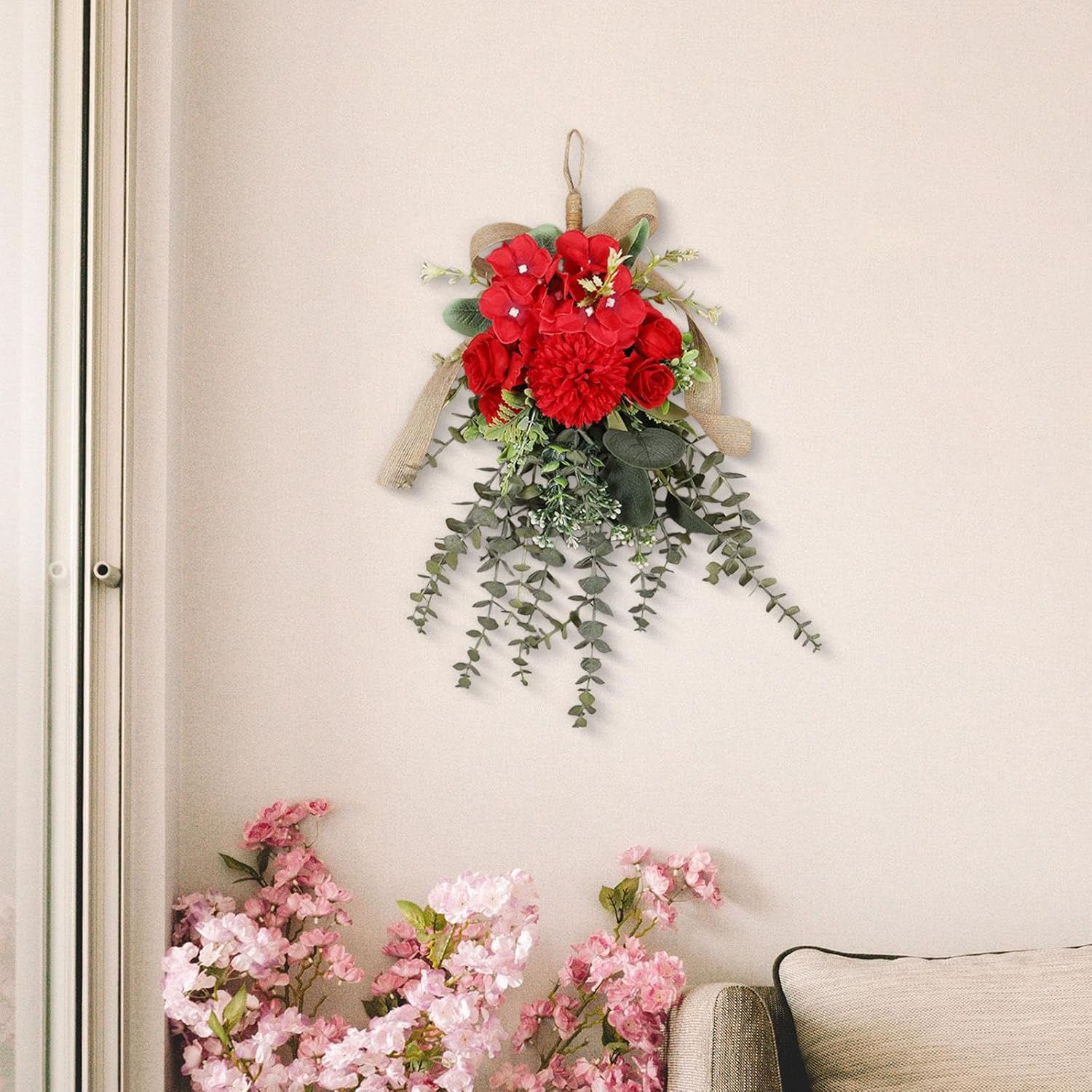 Red Artificial Floral Teardrop Swag Wreath