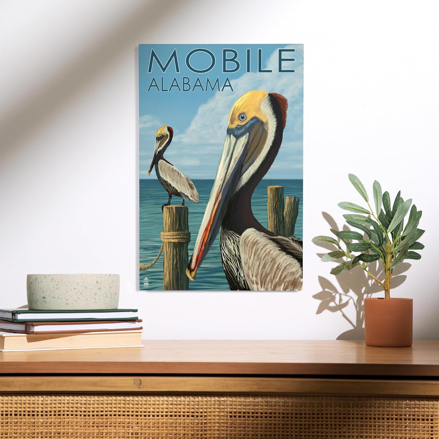 Lantern Press 12x18 Inch Premium Wood Sign Brown Pelican Mobile Alabama