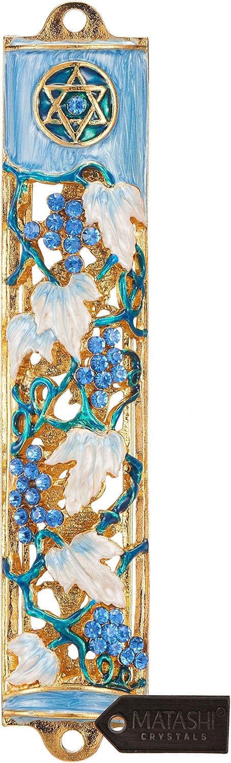 Matashi 6 Inch Hand Painted Mezuzah with Gold and Crystal Accents