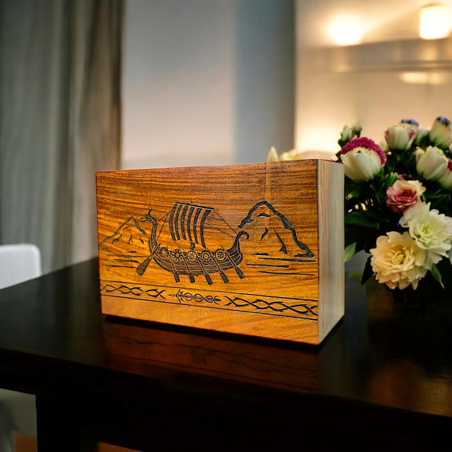 Handcrafted Wooden Cremation Urn with Viking Ship Design