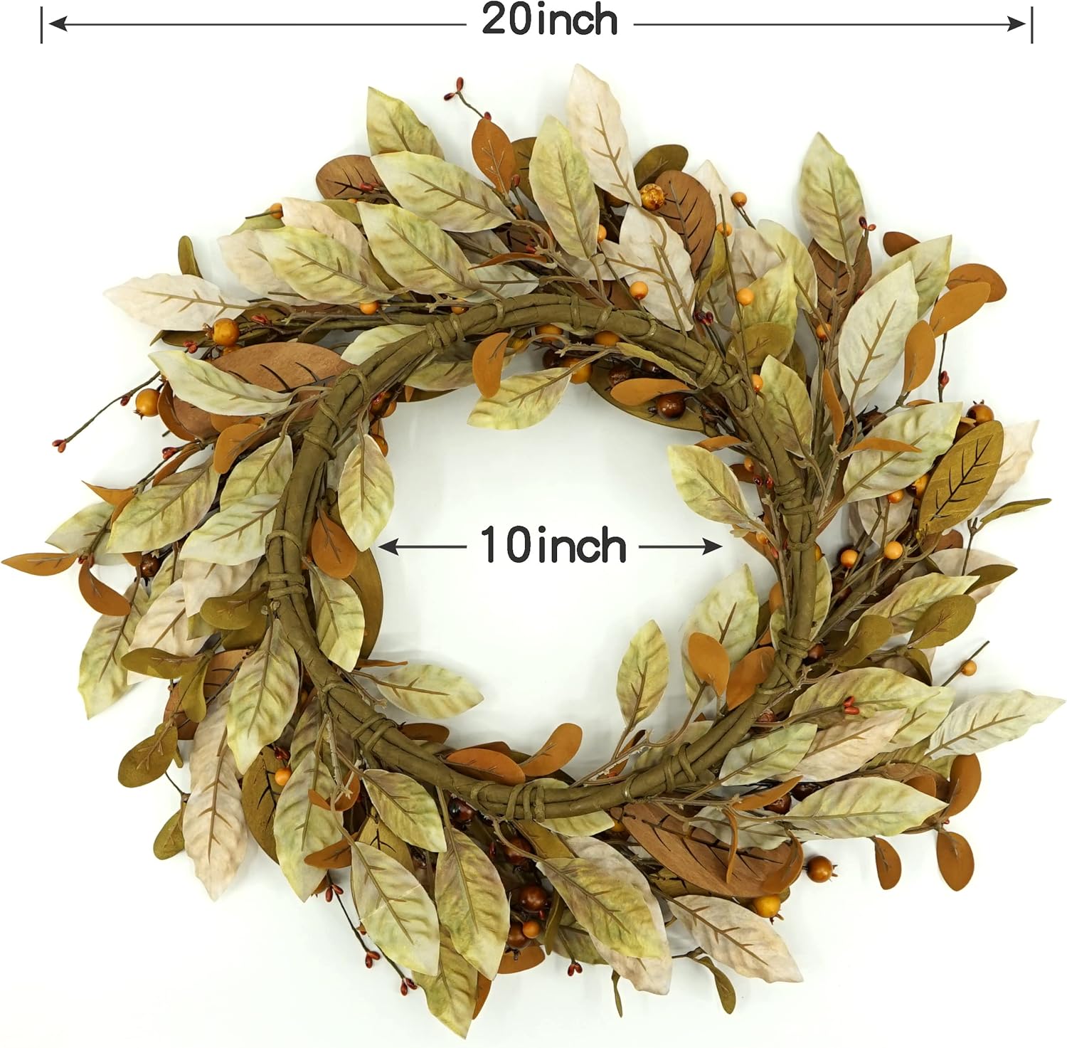 20 Inch Fall Wreath with Brown Magnolia Leaves and Small Pomegranates