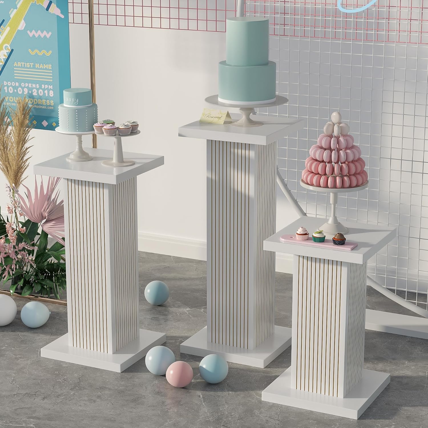 3PCS White Square Display Pedestal Stands for Parties and Events