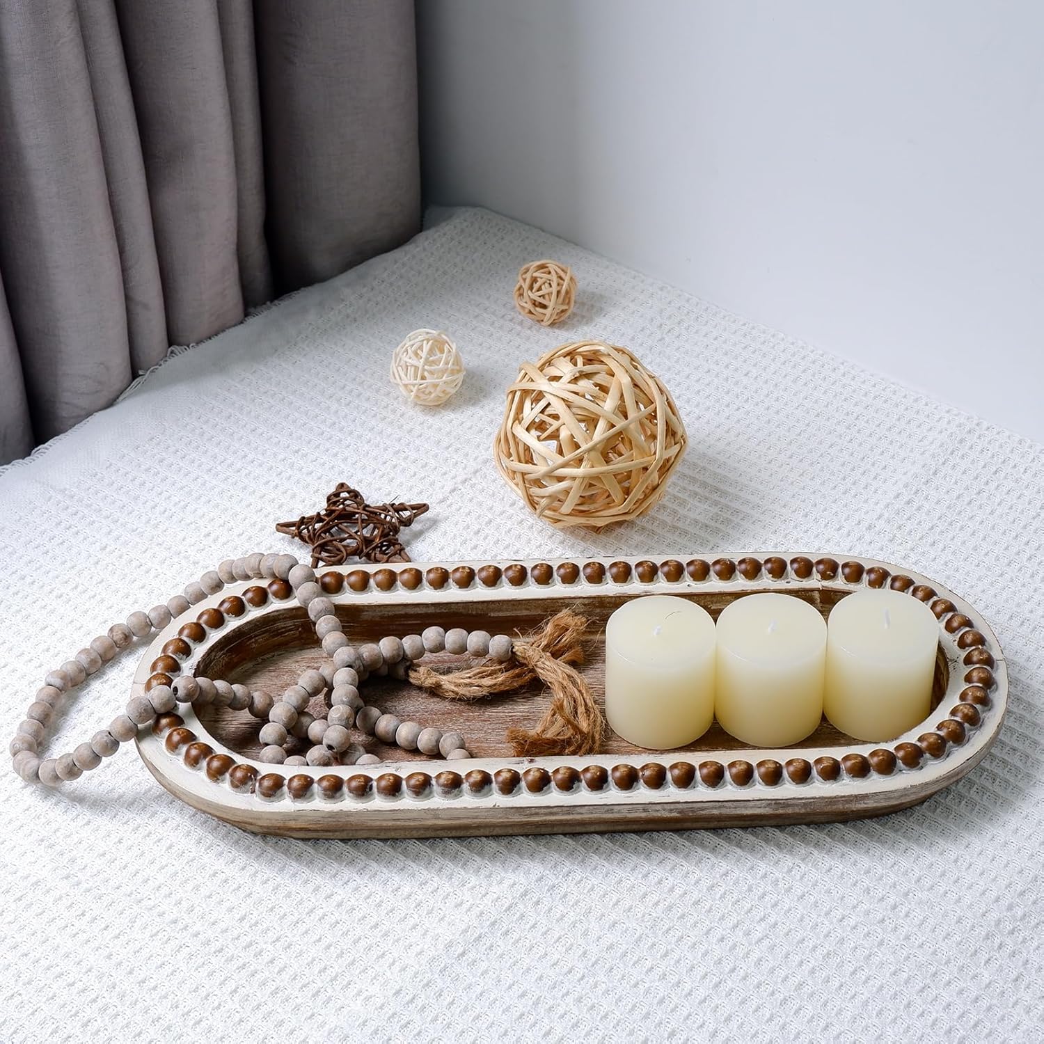 TOOLTENG Wood Beaded Serving Tray for Home Decor