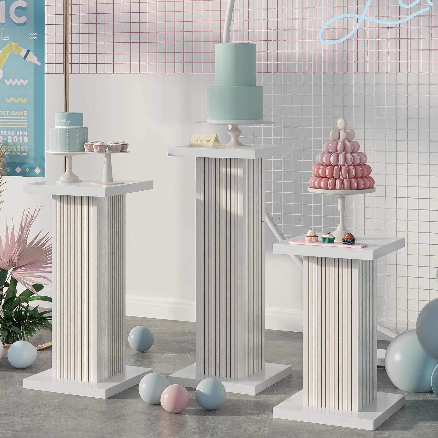 3PCS White Square Display Pedestal Stands for Parties and Events