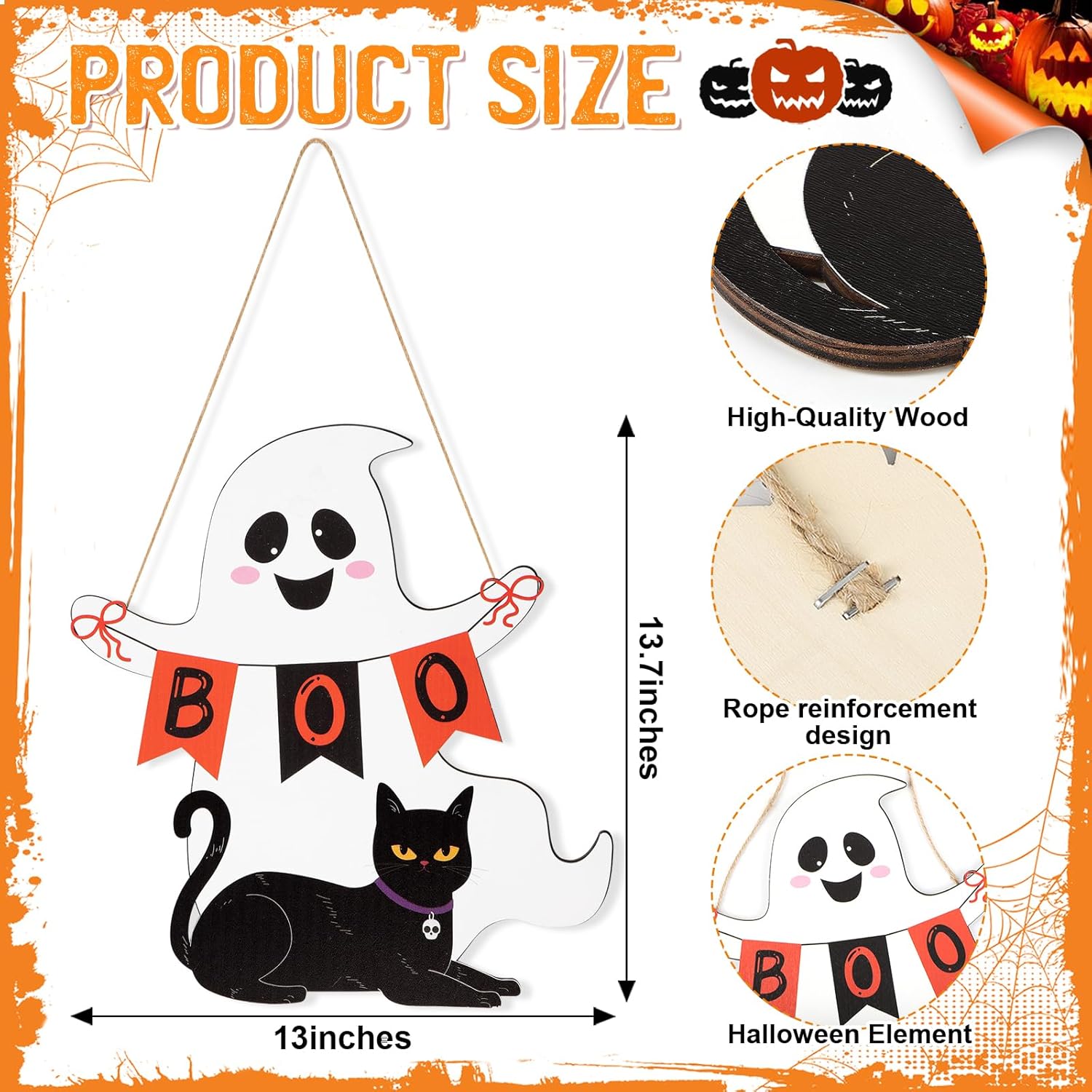 Halloween Wooden Ghost Door Wreath with BOO Sign