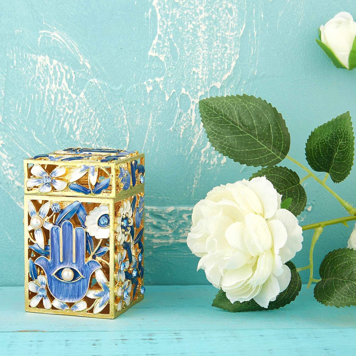 Matashi Hand Painted Enamel Tzedakah Box with Crystals and Gold Accents