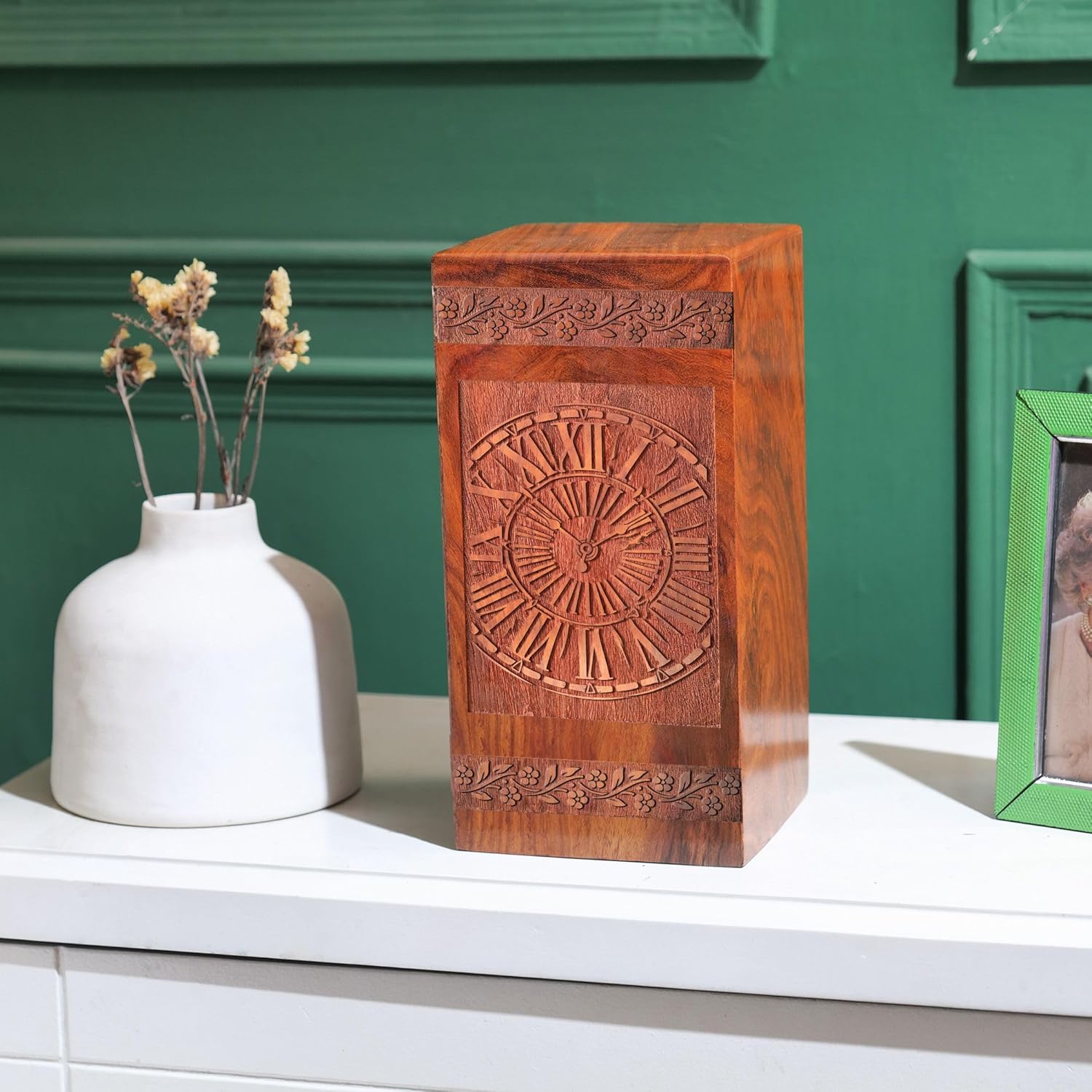 Handcrafted Wooden Urn with Clock Design 1125 Inch