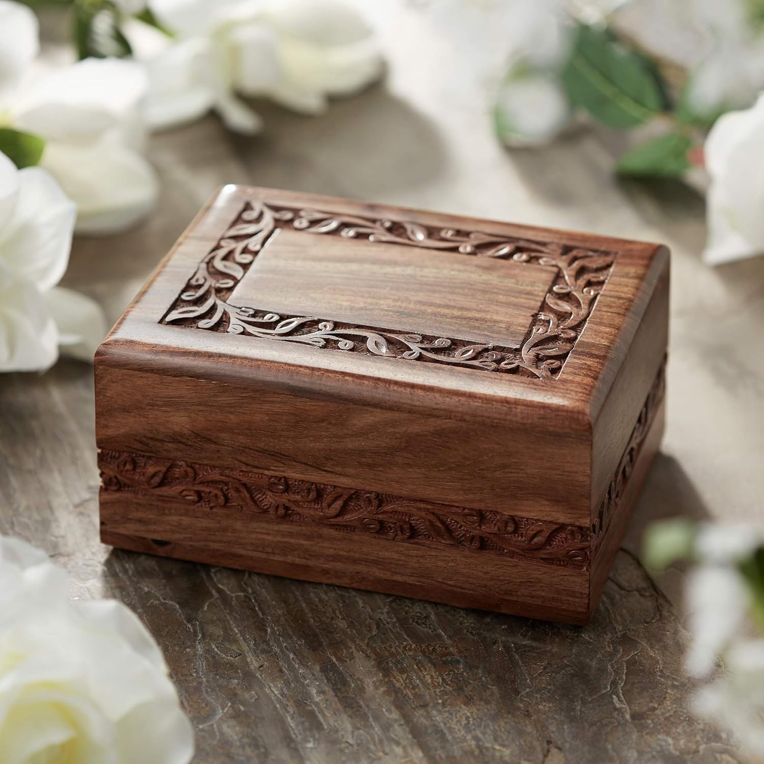 Reminded Rosewood Hand-Carved Floral Urn Box - Medium