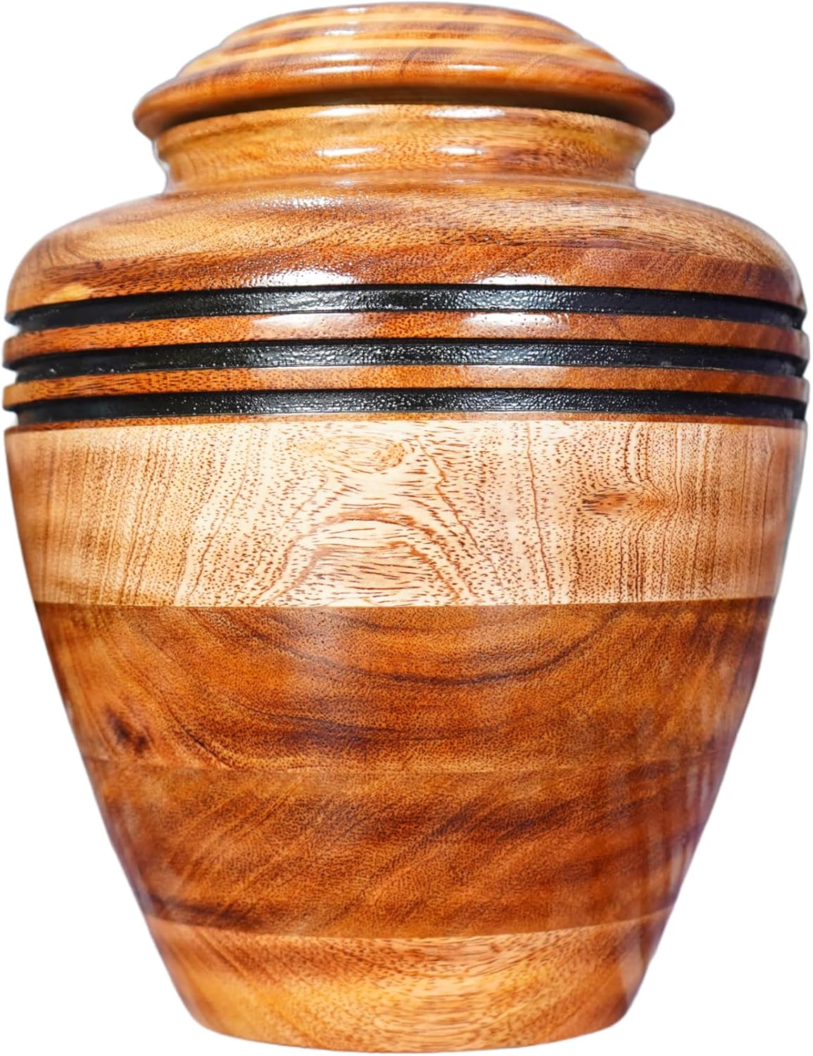 Handcrafted Wooden Cremation Urn with Black Accent Rings