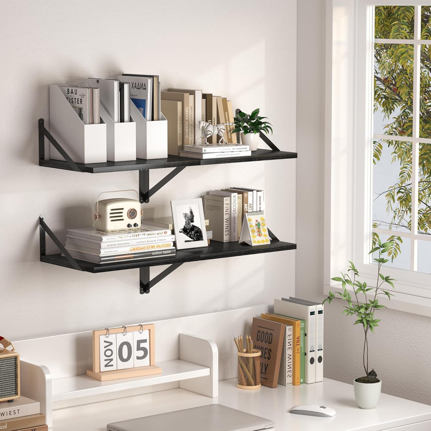 Black Floating Shelves Set of 2 for Wall 16W x 12D