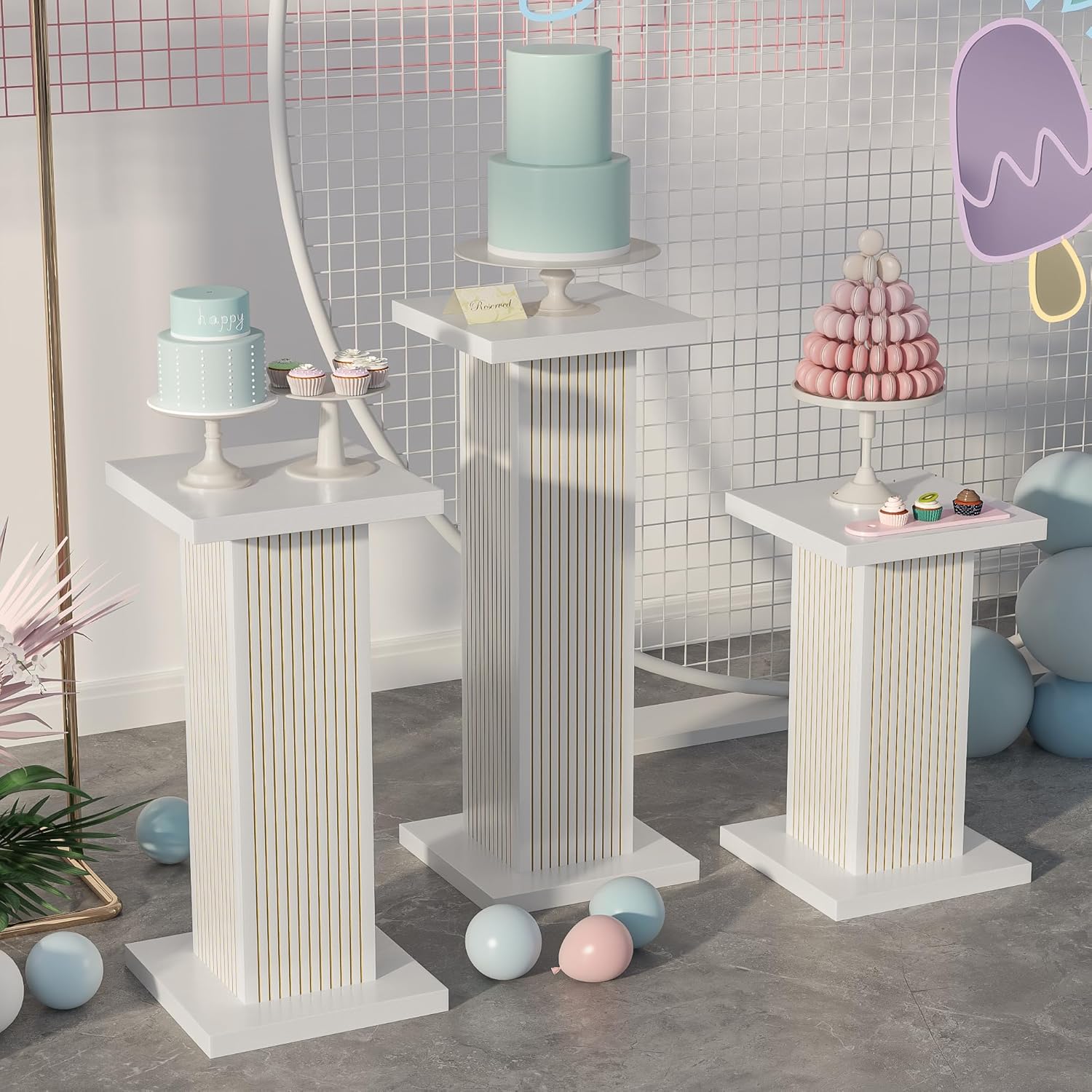 3PCS White Square Display Pedestal Stands for Parties and Events
