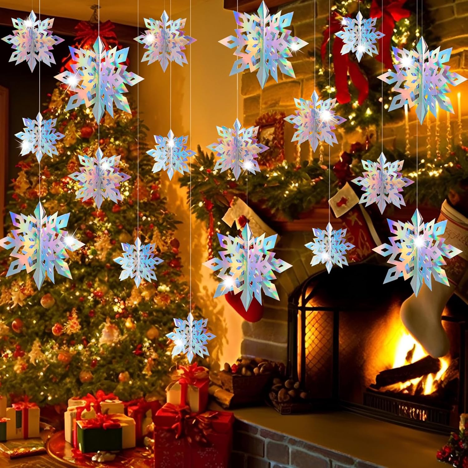 Geegoods 18PCS 3D Holographic Snowflake Garland