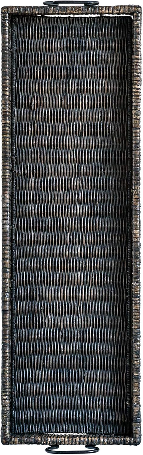Creative Co Op Black Rattan Wood Tray with Handles