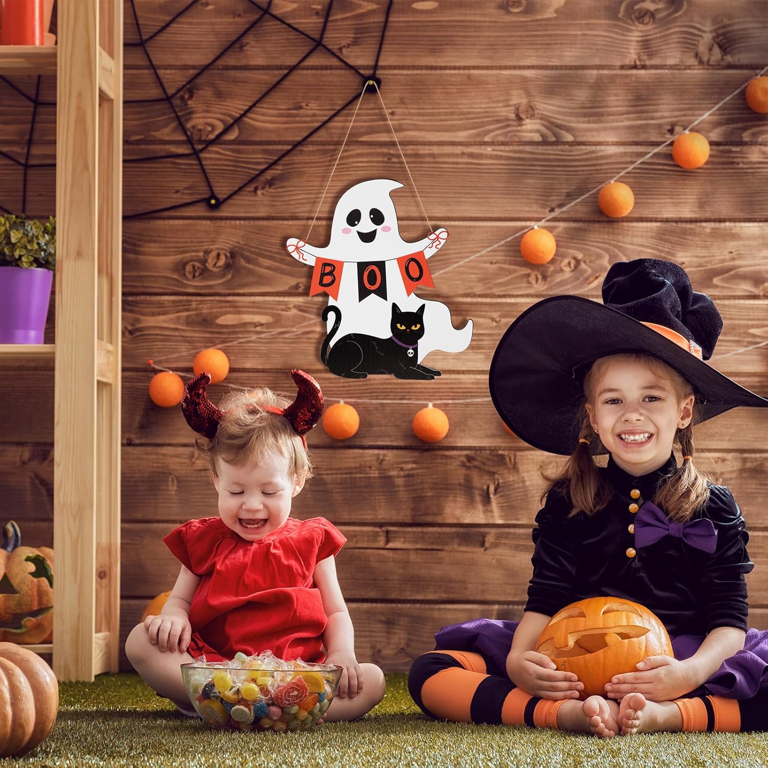 Halloween Wooden Ghost Door Wreath with BOO Sign
