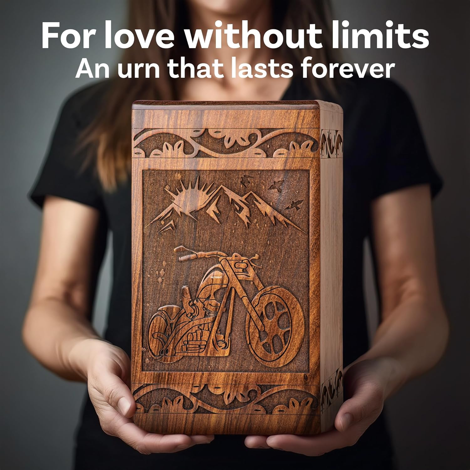 Handcarved Wooden Cremation Urn - Motorcycle Design 640lbs Capacity