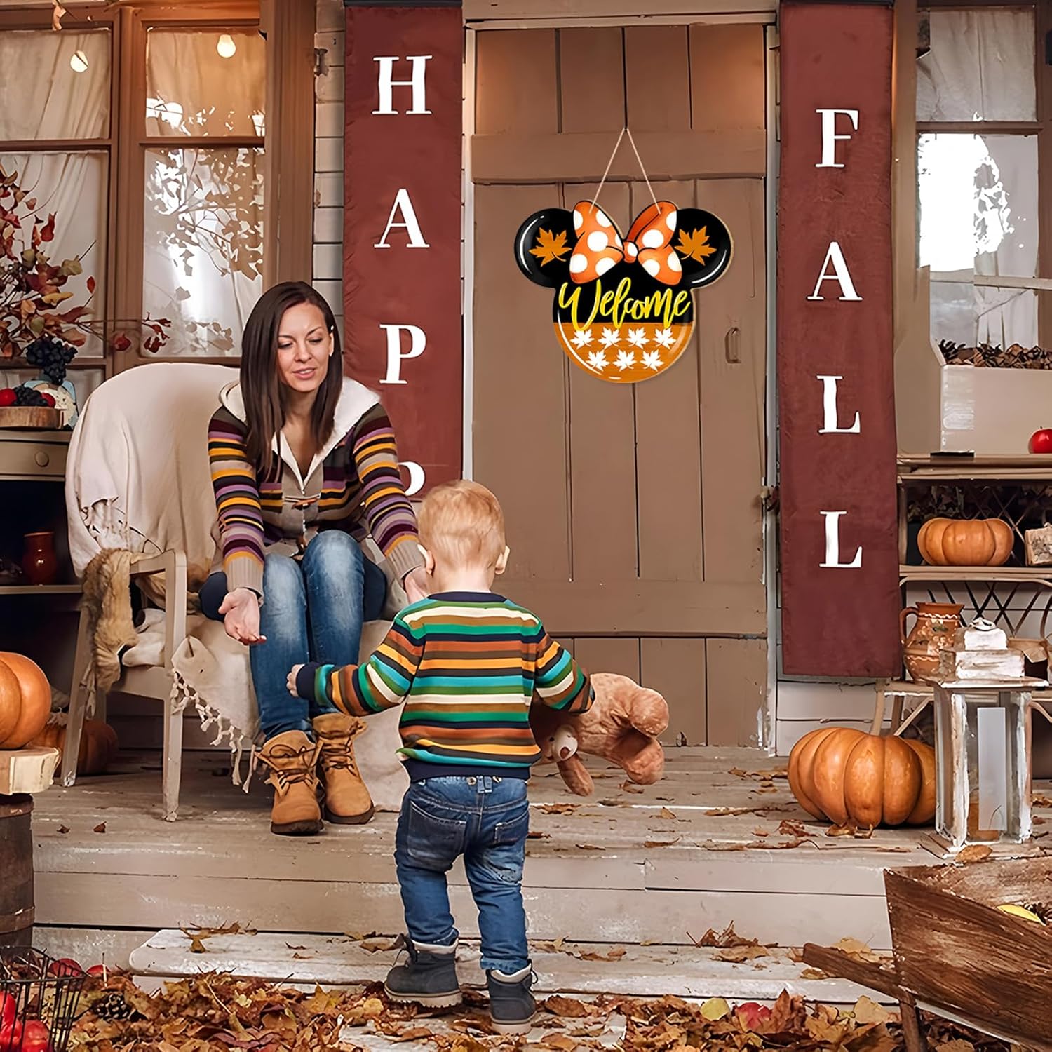 Fall Door Welcome Mouse Sign with Maple Leaves