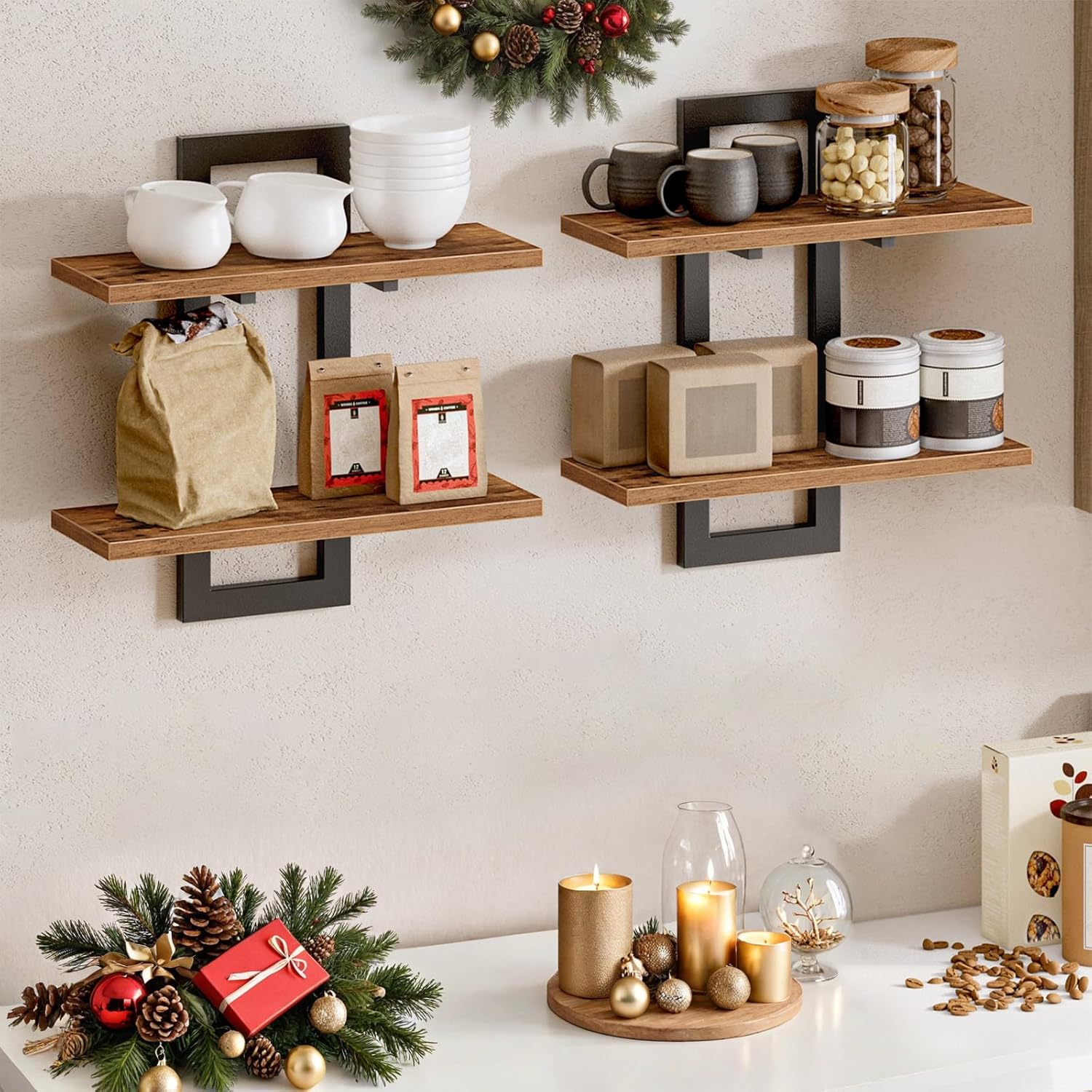HOOBRO Floating Shelves 2-Tier Set of 2 Rustic Brown and Black