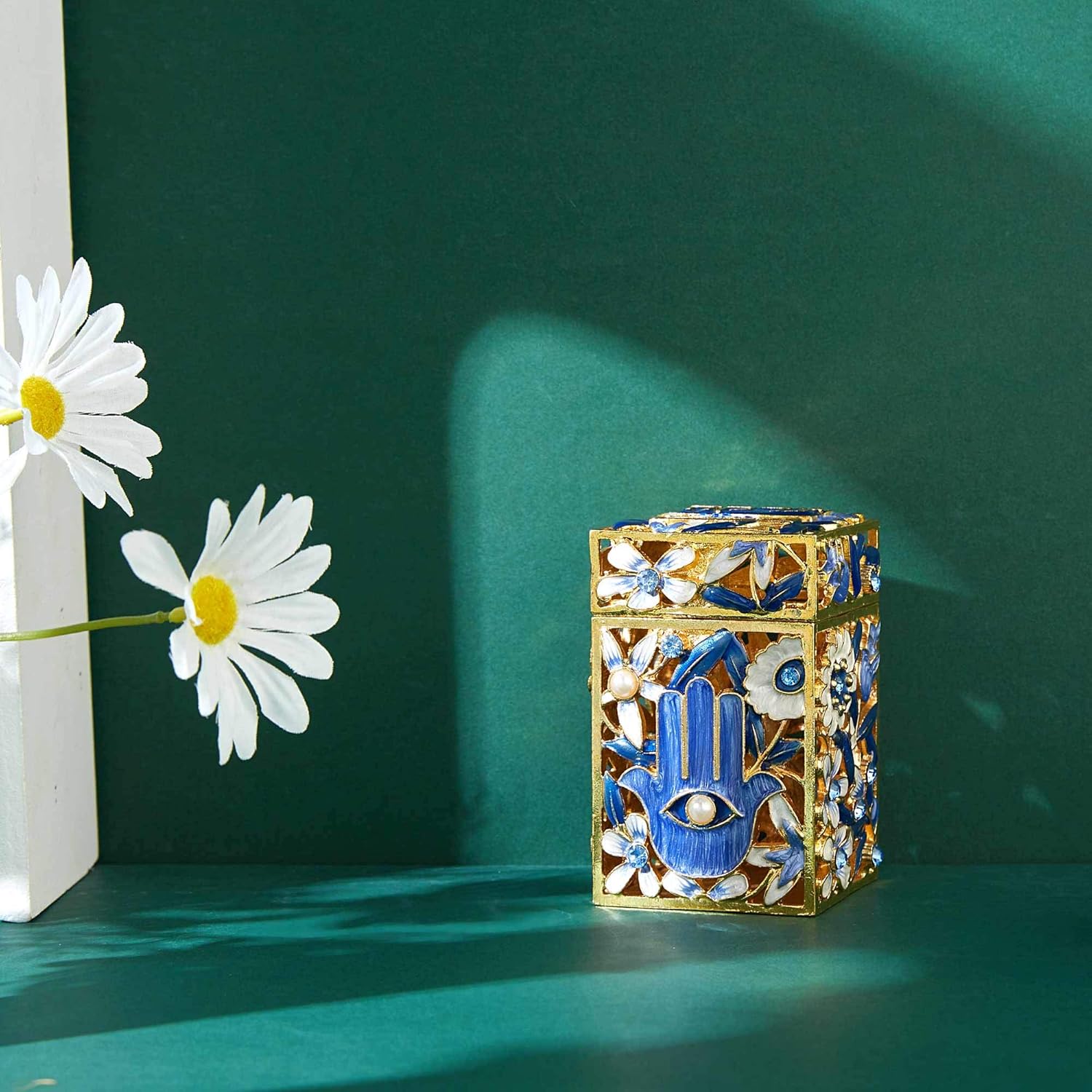 Matashi Hand Painted Enamel Tzedakah Box with Crystals and Gold Accents