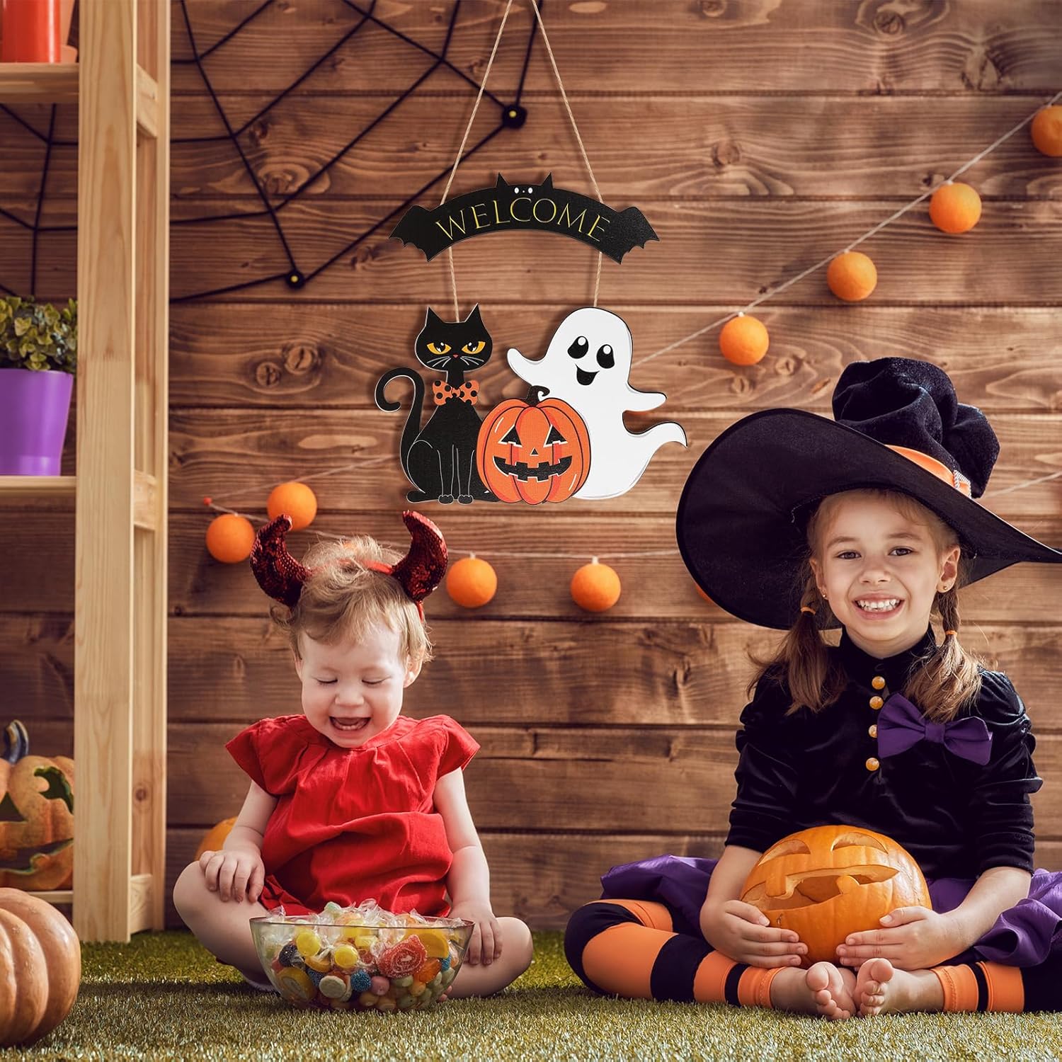 Halloween Wooden Ghost Door Wreath Welcome Sign