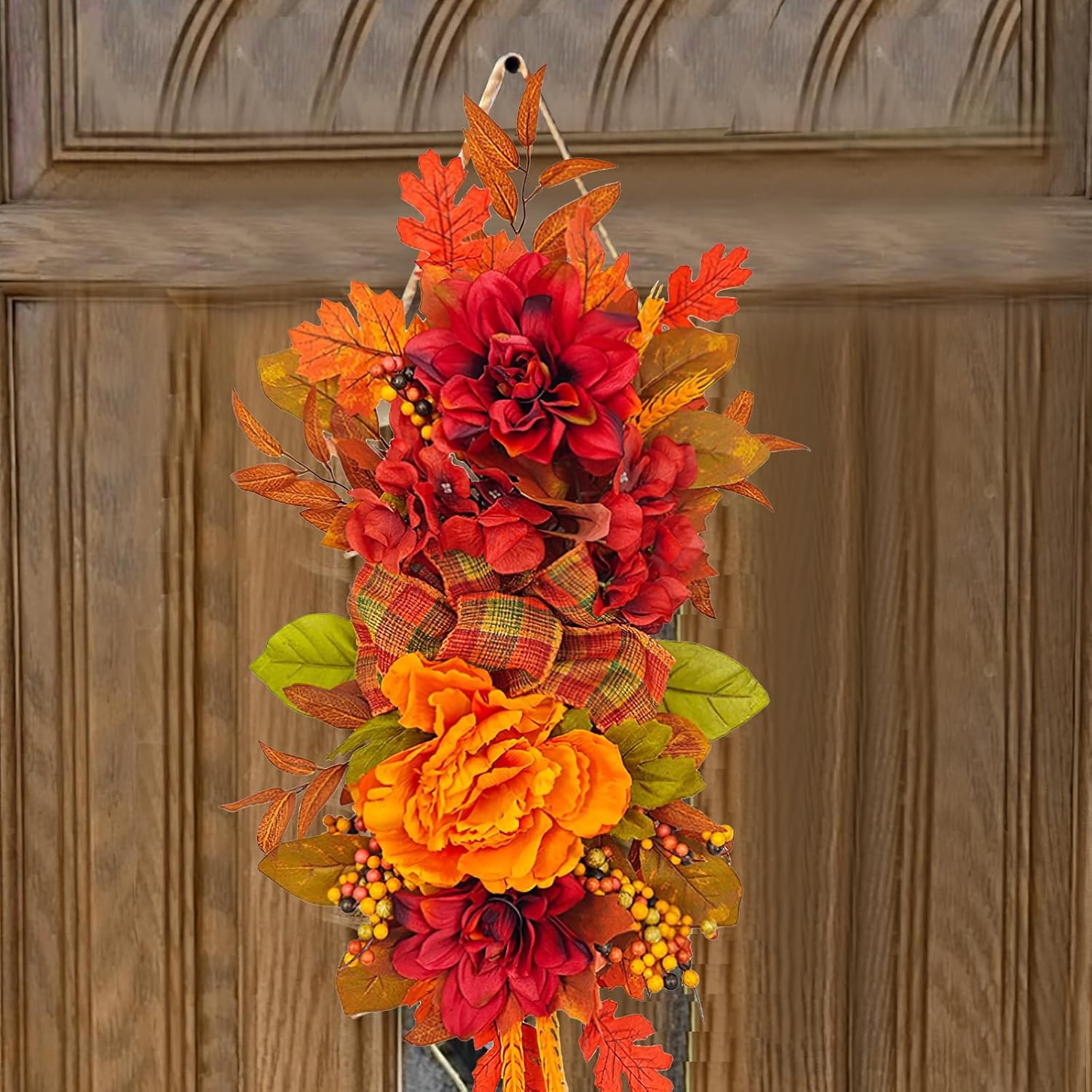 Artificial Peony Fall Decor Swag with Maple Leaves