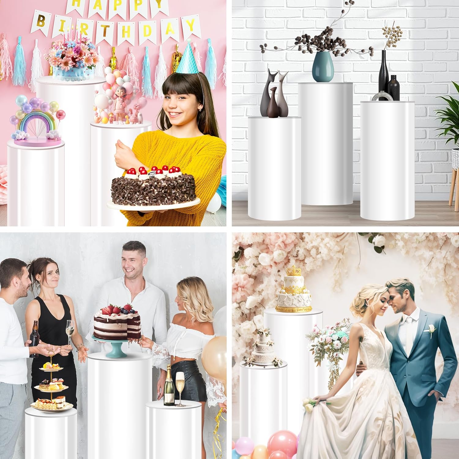 White Cylinder Stands Set of 3 for Parties