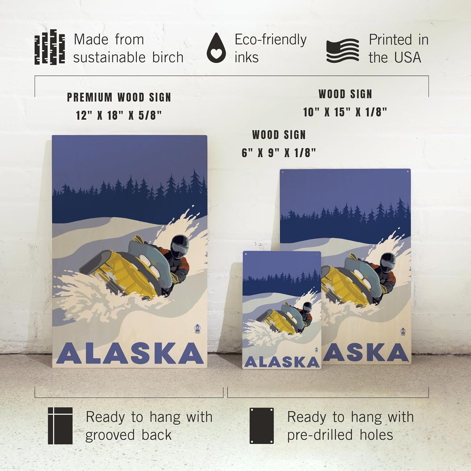 Lantern Press 12x18 Inch Premium Wood Sign Snowmobile Scene Alaska