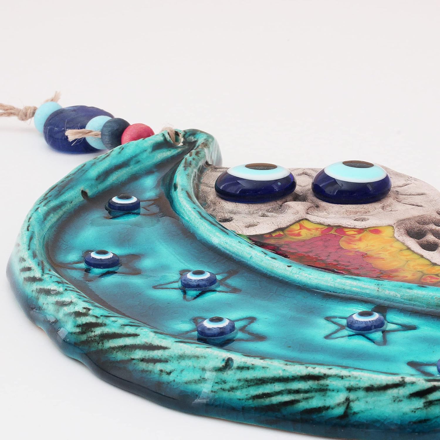 Handmade Ceramic Wall Art Owl Behind the Moon with Evil Eye