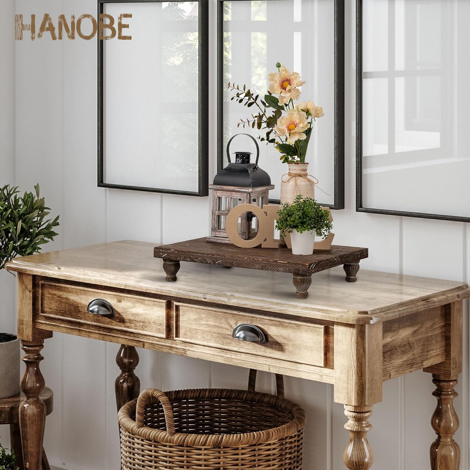 Hanobe Wooden Riser Decorative Tray with Farmhouse Style