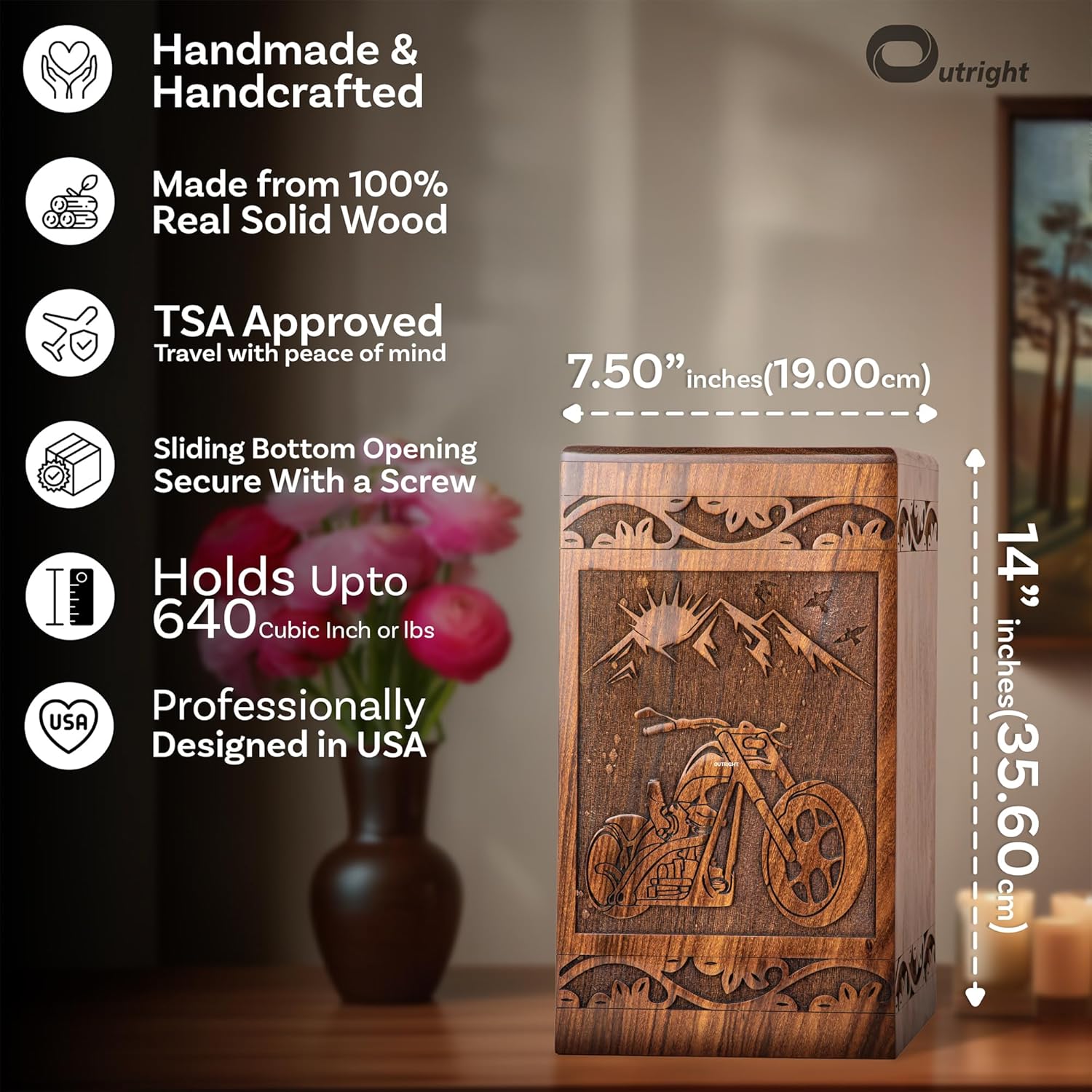 Handcarved Wooden Cremation Urn - Motorcycle Design 640lbs Capacity