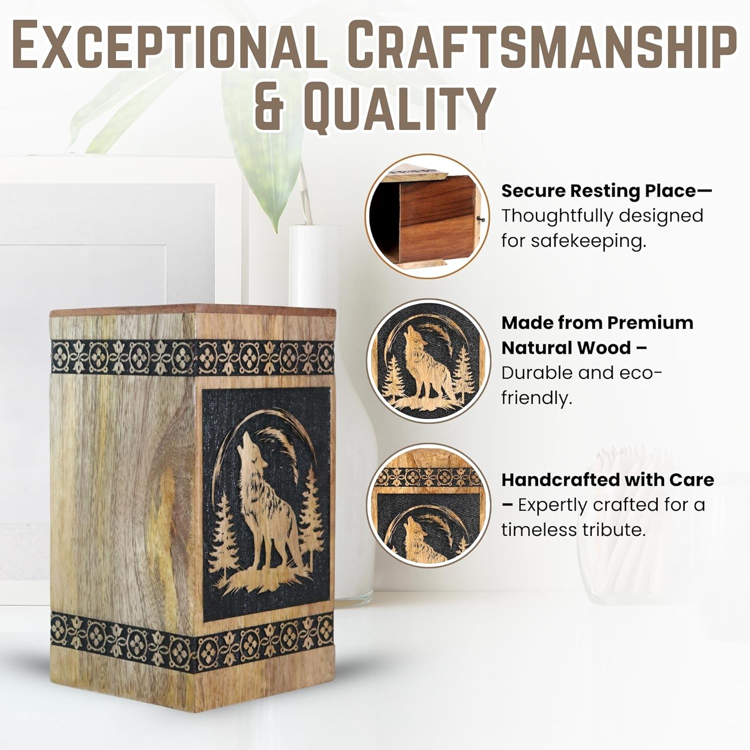 Classic Wolf Fox Wooden Cremation Urn for Adult Ashes