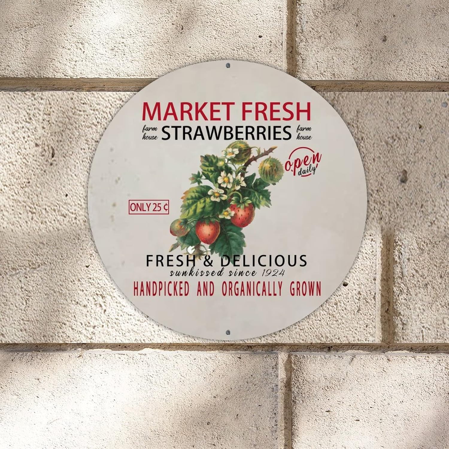 Market Fresh Strawberries Round Metal Tin Sign Decor