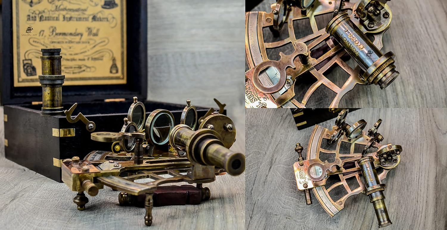 Sailors Art J Scout Nautical Sextant with Brass Telescope and Wooden Box
