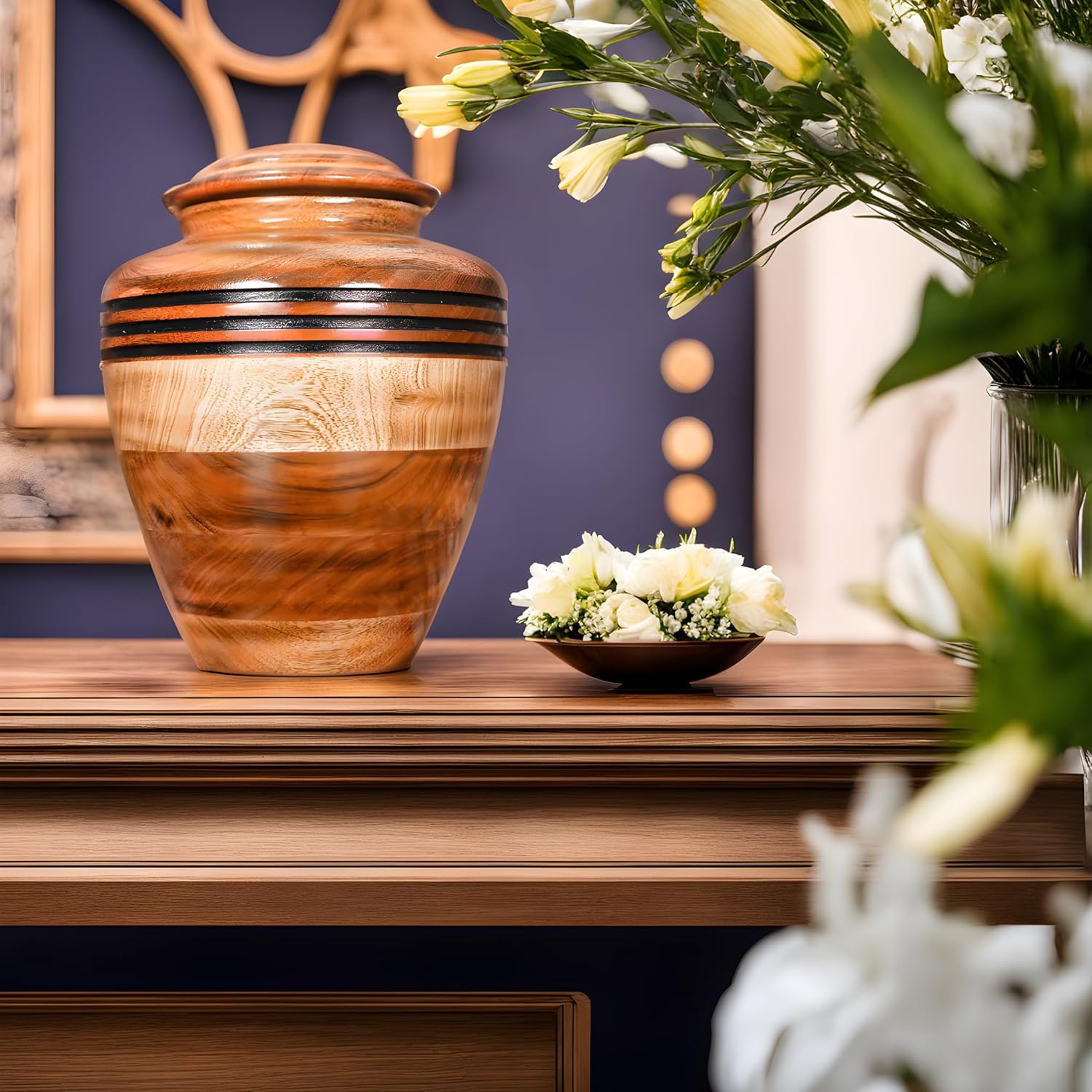 Handcrafted Wooden Cremation Urn with Black Accent Rings