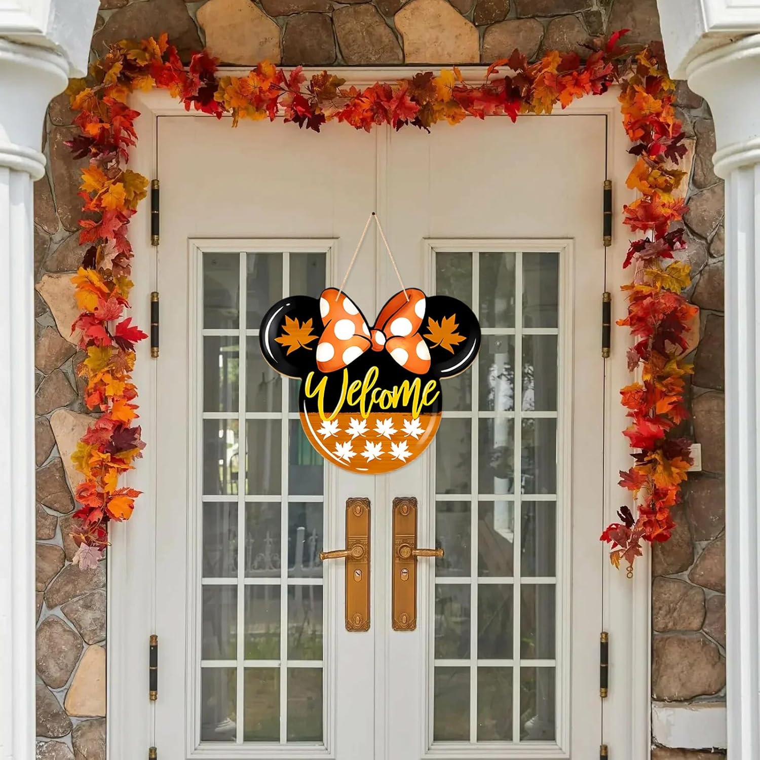 Fall Door Welcome Mouse Sign with Maple Leaves