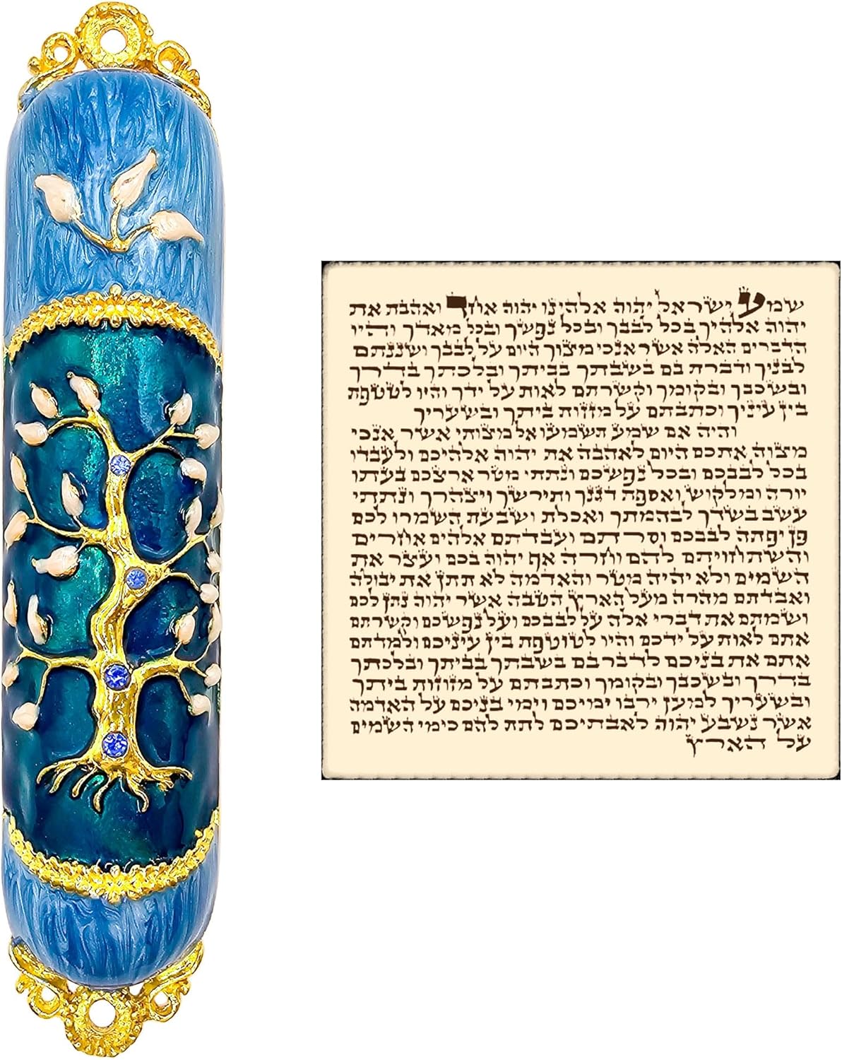 Talisman4u Enamel Mezuzah Case with Gold Plated Crystals and Tree of Life Design