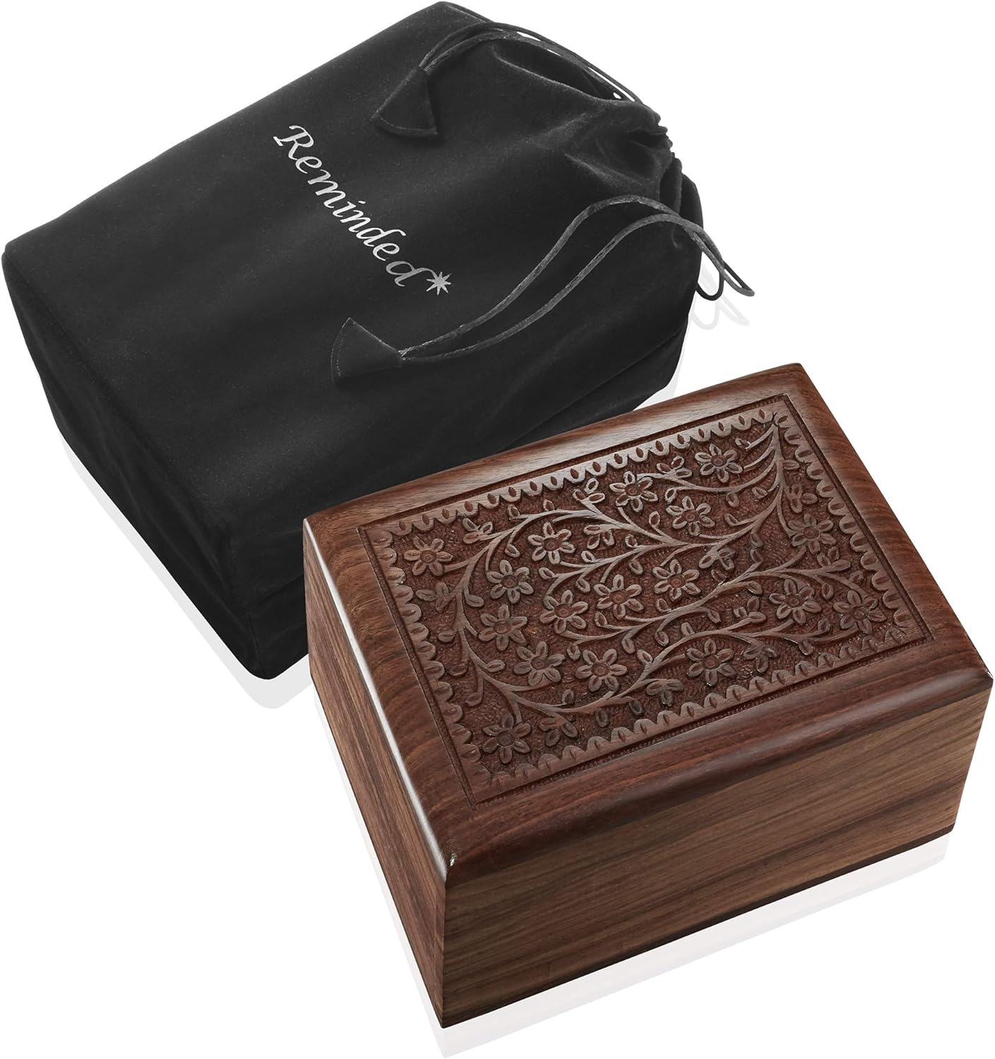 Reminded Rosewood Hand-Carved Floral Urn Box - Medium