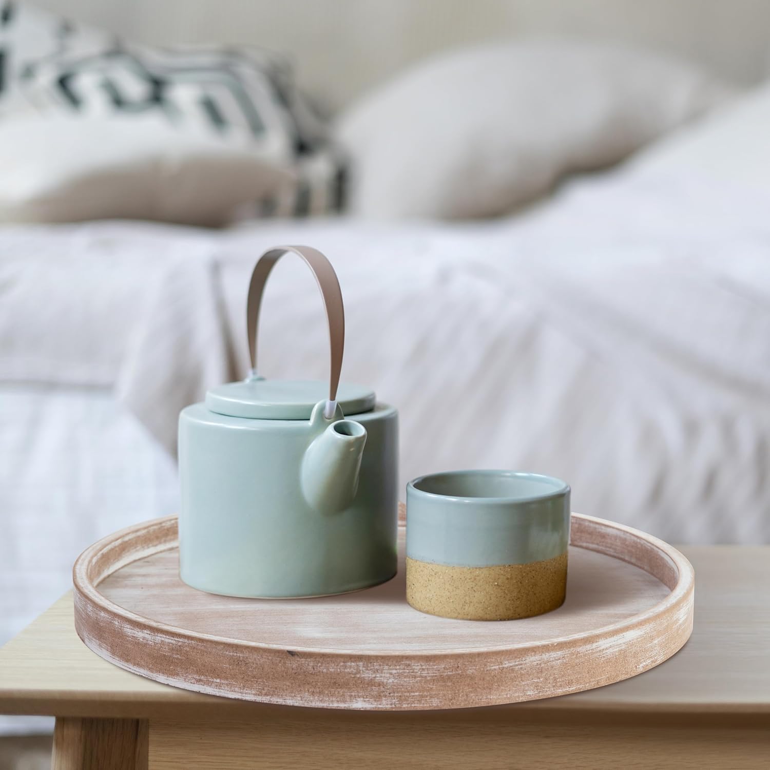 Rustic Round Wooden Coffee Table Tray with Farmhouse Design