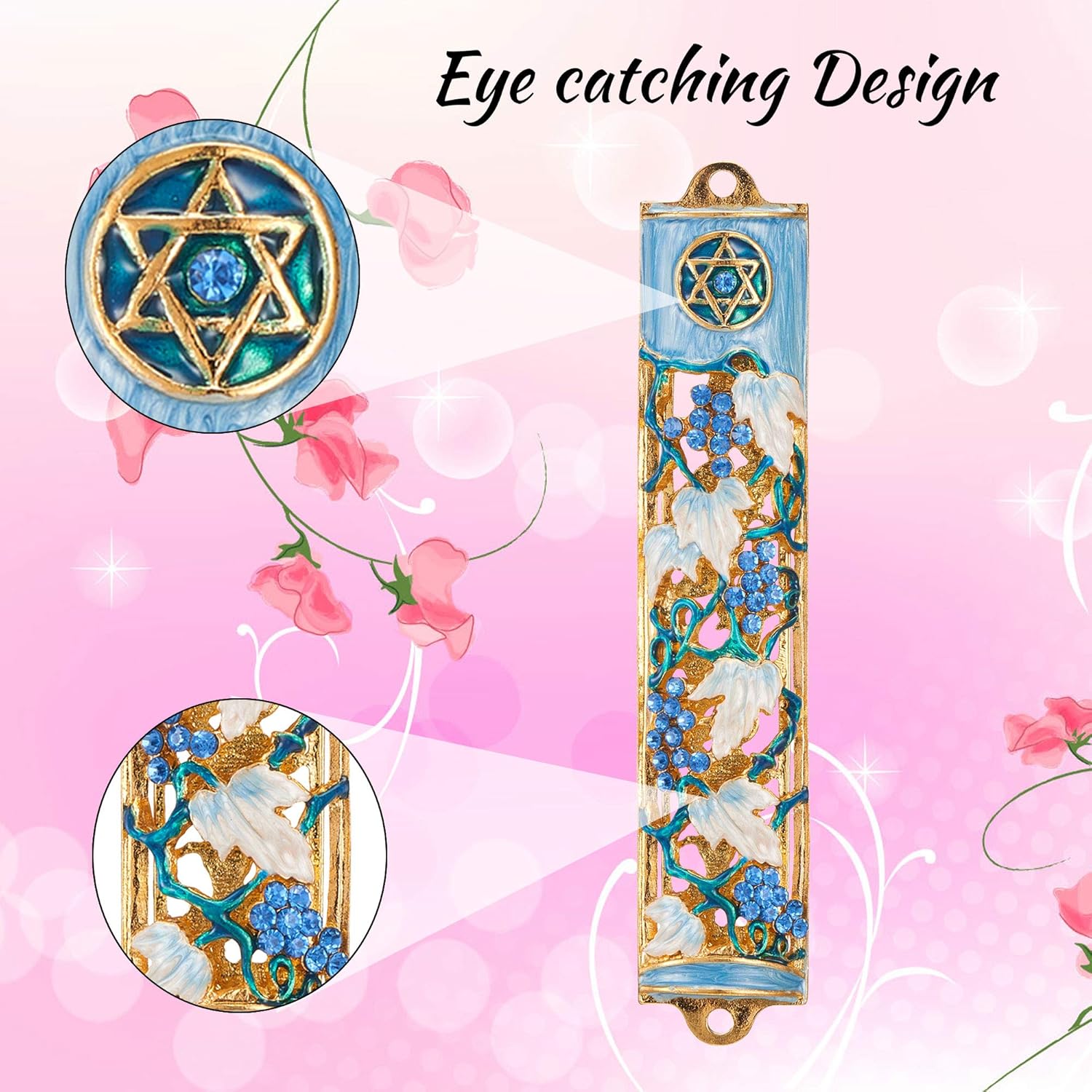 Matashi 6 Inch Hand Painted Mezuzah with Gold and Crystal Accents