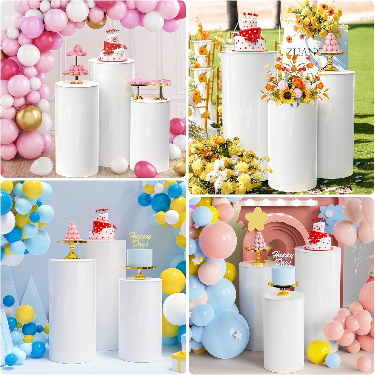 3Pcs White Cylinder Pedestal Stands for Party Decor