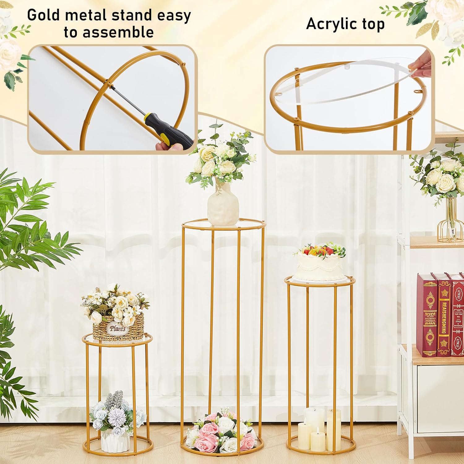 Hicarer 5 Pcs Gold Metal Cylinder Pedestal Stands