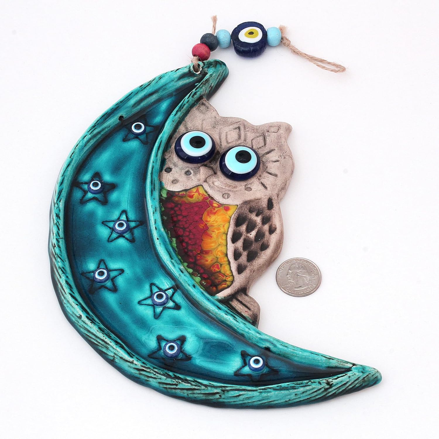 Handmade Ceramic Wall Art Owl Behind the Moon with Evil Eye