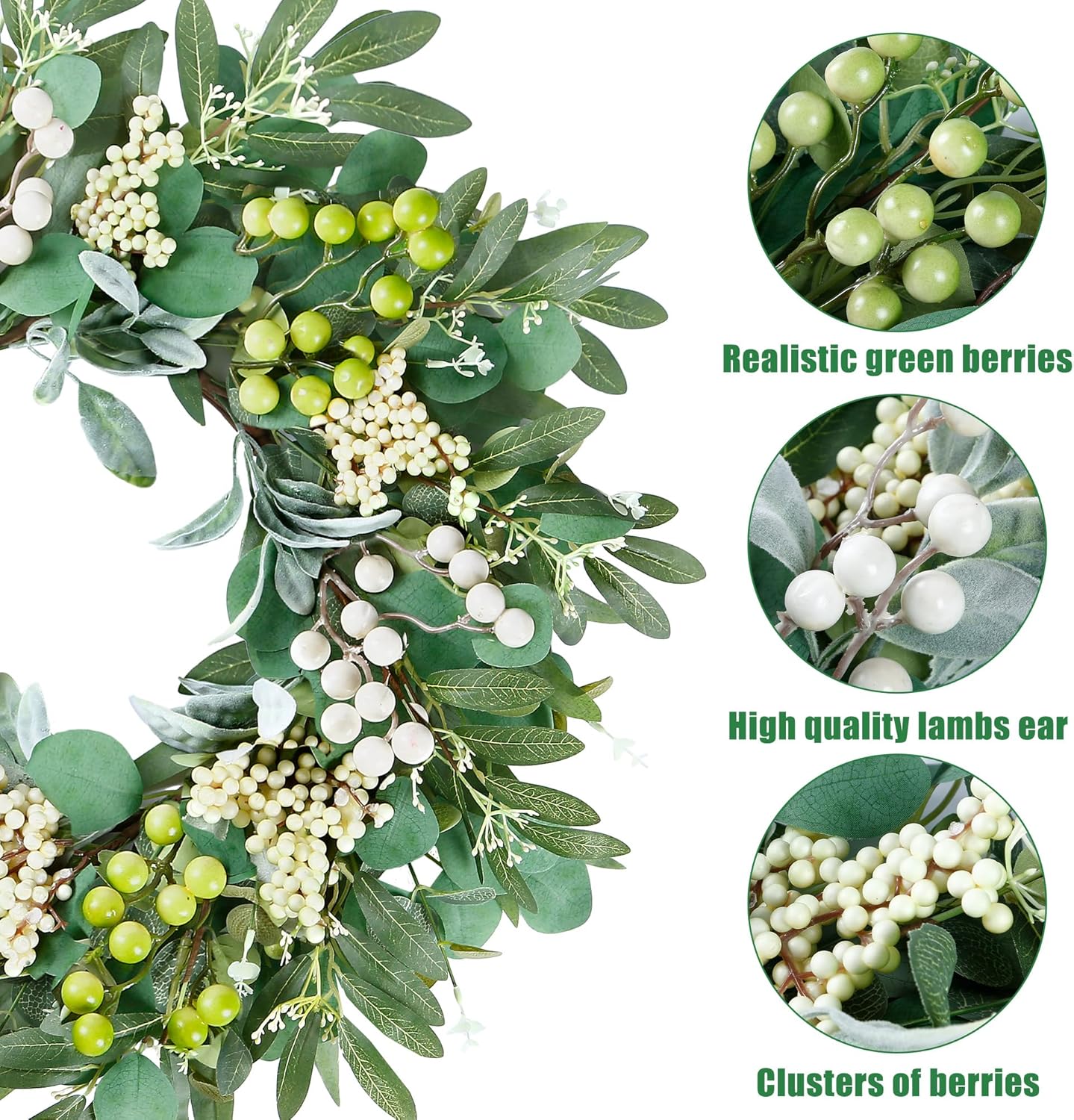 Sggvecsy 20 Inch Artificial Eucalyptus Wreath with Greenery and Berries
